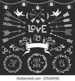 Vintage Decorative Elements With Lettering. Hand Drawn Vector Design Wedding Set.