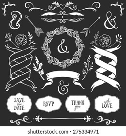 Vintage decorative elements with lettering. Hand drawn vector design wedding set.