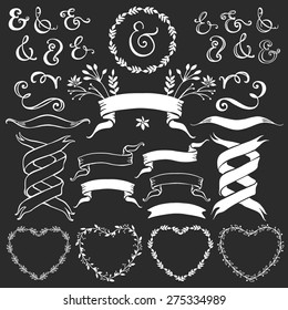Vintage decorative elements with lettering. Hand drawn vector design wedding set.