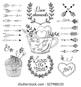 Vintage decorative elements with lettering. Hand drawn vector design wedding set