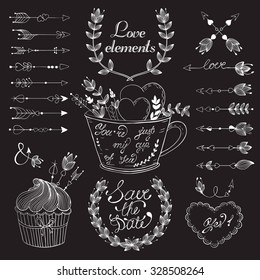 Vintage decorative elements with lettering. Hand drawn vector design wedding set.
