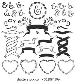 Vintage decorative elements with lettering. Hand drawn vector design wedding set.