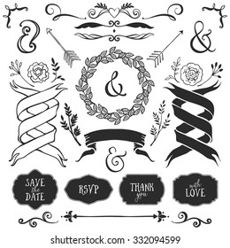 Vintage decorative elements with lettering. Hand drawn vector design wedding set.