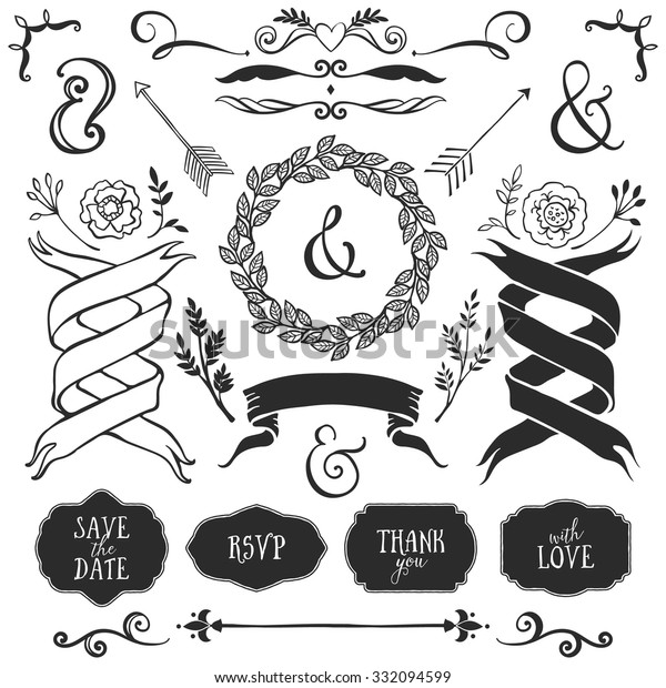 Vintage decorative elements with lettering.\
Hand drawn vector design wedding\
set.