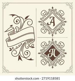 Antiguas Elementos decorativos con monograma A y Anuncio de cinta retro ornamental