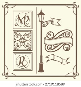 Antiguas Elementos decorativos Monogramas Lámpara Post Anuncios y Ornate Borders letra M letra R