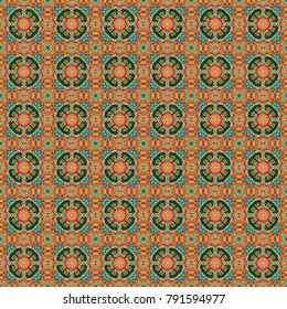 Vintage decorative elements in orange, brown and blue colors. Vector oriental background in saturated colors. Seamless pattern mandala ornament. Tribal motifs.