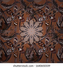 Vintage decorative elements. Perfect for printing on fabric or paper. Hand drawn sketch on brown, beige, gray colors. Islam, Arabic, Indian, ottoman motifs. Vector seamless pattern tile with mandalas.