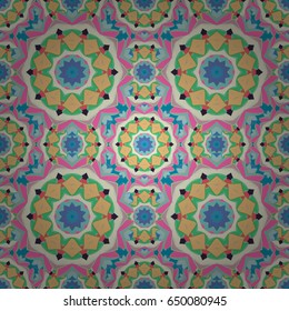 Vintage decorative elements. Perfect for printing on fabric or paper. Vector seamless pattern tile with mandalas. Hand drawn sketch on colorfil background. Islam, Arabic, Indian, ottoman motifs.