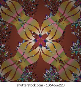 Vintage decorative elements. Vector art. Abstract Mandala. Oriental colored pattern on brown, yellow, neutral, black and beige colors. Islam, Arabic, Indian, turkish, pakistan, chinese, ottoman motifs