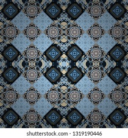 Vintage decorative elements. Vector patchwork quilt pattern in blue, black and gray colors. Indian, Arabic, Turkish motifs. Hand drawn seamless pattern. Abstract colorful mosaic style.
