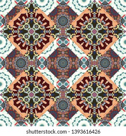 Vintage decorative elements. Vector seamless pattern with mandalas, trendy print. Unique asian pattern in beige, blue and brown colors. Arabic, Nepali, Indian, ottoman, oriental motifs.