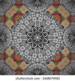Vintage decorative elements. Vector seamless pattern with mandalas, trendy print. Unique asian pattern in yellow, beige and gray colors. Arabic, Nepali, Indian, ottoman, oriental motifs.