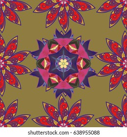 Vintage decorative elements. Vector seamless pattern tile with mandalas. Islam, Arabic, Indian, ottoman motifs. Hand drawn sketch on red background. Perfect for printing on fabric or paper.