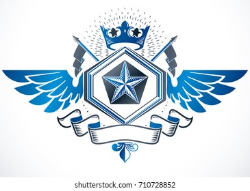 Vintage decorative emblem composed using monarch crown and pentagonal stars., heraldic vector.