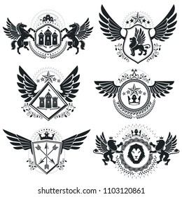Vintage decorative emblems compositions, heraldic vectors. Classy high quality symbolic illustrations collection, vector set.