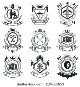 Vintage decorative emblems compositions, heraldic vectors. Classy high quality symbolic illustrations collection, vector set.