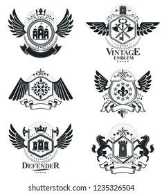 Vintage decorative emblems compositions, heraldic vectors. Classy high quality symbolic illustrations collection, vector set.