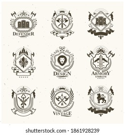 Vintage decorative emblems compositions, heraldic vectors. Classy high quality symbolic illustrations collection, vector set.