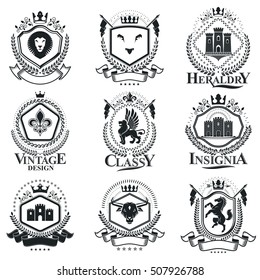 Vintage decorative emblems compositions, heraldic vectors. Classy high quality symbolic illustrations collection, vector set.