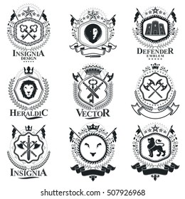 Vintage decorative emblems compositions, heraldic vectors. Classy high quality symbolic illustrations collection, vector set.