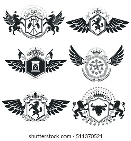 Vintage decorative emblems compositions, heraldic vectors. Classy high quality symbolic illustrations collection, vector set.