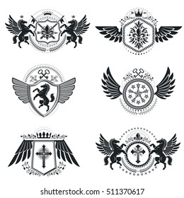 Vintage decorative emblems compositions, heraldic vectors. Classy high quality symbolic illustrations collection, vector set.