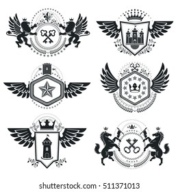 Vintage decorative emblems compositions, heraldic vectors. Classy high quality symbolic illustrations collection, vector set.