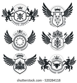 Vintage decorative emblems compositions, heraldic vectors. Classy high quality symbolic illustrations collection, vector set.