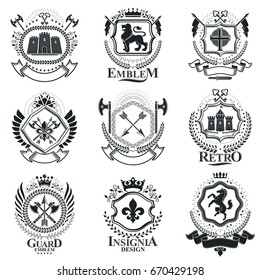 Vintage decorative emblems compositions, heraldic vectors. Classy high quality symbolic illustrations collection, vector set.