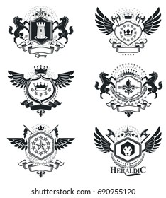 Vintage decorative emblems compositions, heraldic vectors. Classy high quality symbolic illustrations collection, vector set.