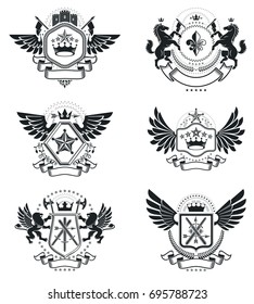 Vintage decorative emblems compositions, heraldic vectors. Classy high quality symbolic illustrations collection, vector set.