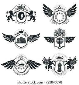 Vintage decorative emblems compositions, heraldic vectors. Classy high quality symbolic illustrations collection, vector set.