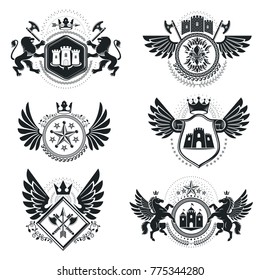 Vintage decorative emblems compositions, heraldic vectors. Classy high quality symbolic illustrations collection, vector set.