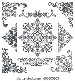 Vintage decorative floral corner design elements vector set. Elements for decorating invitations, cards, books, menus and other printed materials.