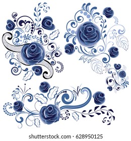 Vintage decorative floral ornament of blue color.