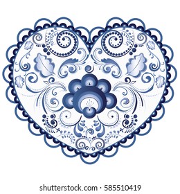 Vintage decorative floral ornament in a shape of a heart in blue.