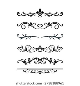 Vintage Decorative Flourish Divider Vector Set, Ornamental Swirl Border Line Collection Illustration