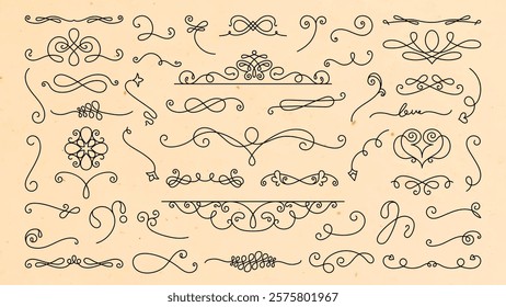 Vintage decorative flourishes and swirls in black on a beige background. Elegant swirls and flourishes for design. Perfect for vintage and decorative projects. Hand drawn ornament vector set.