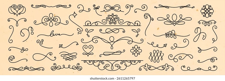 Vintage decorative flourishes in various styles. Elegant flourishes for design. Flourishes include swirls, loops, and ornate patterns. Perfect for vintage projects. Hand drawn ornament vector set.