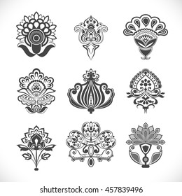 Vectorial de flores decorativas antiguas aislado en fondo blanco. Formas de flores para utilizarlas como pinceles o elementos de diseño.