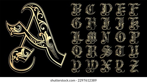 Vintage decorative font. letter in old style. Vector gold alphabet.