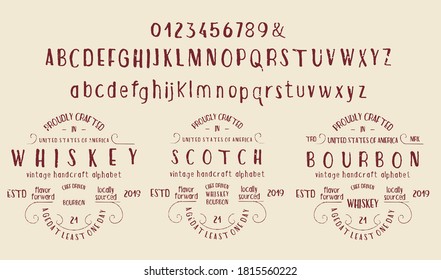Vintage decorative font. Lettering design in retro style with label. Perfect for alcohol labels, logos, shops and many other.Letters and numbers. Vector illustration