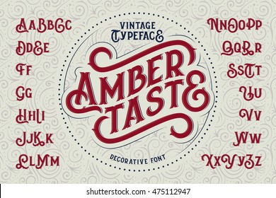 Vintage decorative font named "Amber Taste" with label design and background pattern