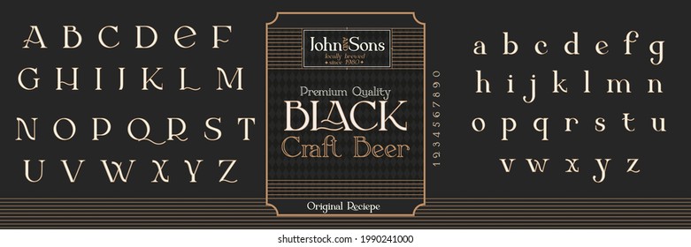 Vintage decorative font Offtime. Retro typerface. Elegance serif alphabet. Vector font for label, branding, tags, t-shirt, alcohol bottle.