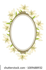 Vintage decorative frame with beautiful lilies. Retro design.