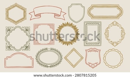 Vintage decorative frame and border illustration set with hexagonal circular rectangular oval shield and ribbon designs in gold green and red tones