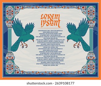Vintage decorative frame with floral motifs and flying birds in blue tones. Ideal for labels, covers, invitations, or greeting cards with a medieval ornamental style and classic border pattern.