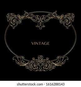 Vintage decorative frame. Floral retro pattern. Graphic design in baroque style. Vintage hand drawn thin golden line isolated on black. Decorative antique acanthus swirl. Vector illustration.