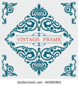 Vintage decorative frame. Interwoven ornament. Flowers and leaves. A rich pattern. Luxurious template for monogram, background of initials, design of books, invitations, postcards, booklets.